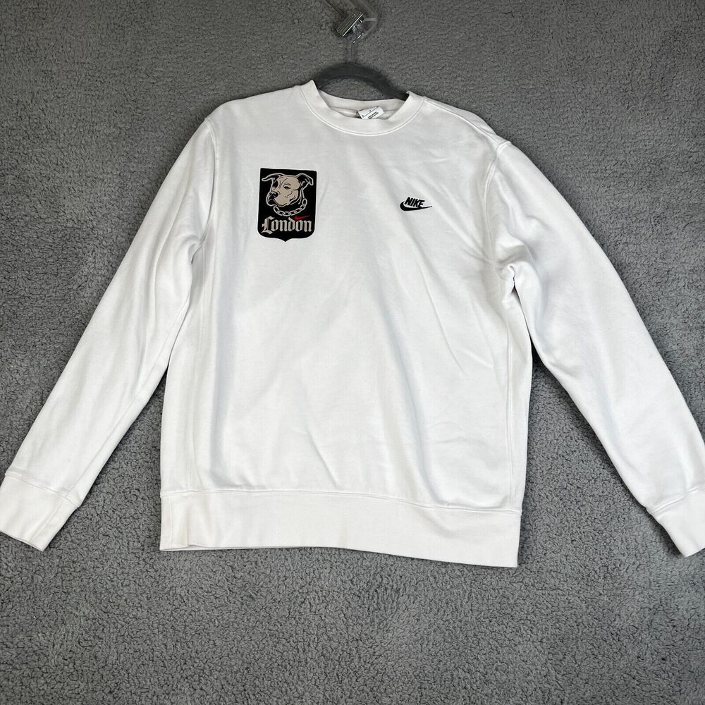 NIKE Sweat`shirt Womens M White Cropped Oversized Sweater Boxy London Dog Swoosh